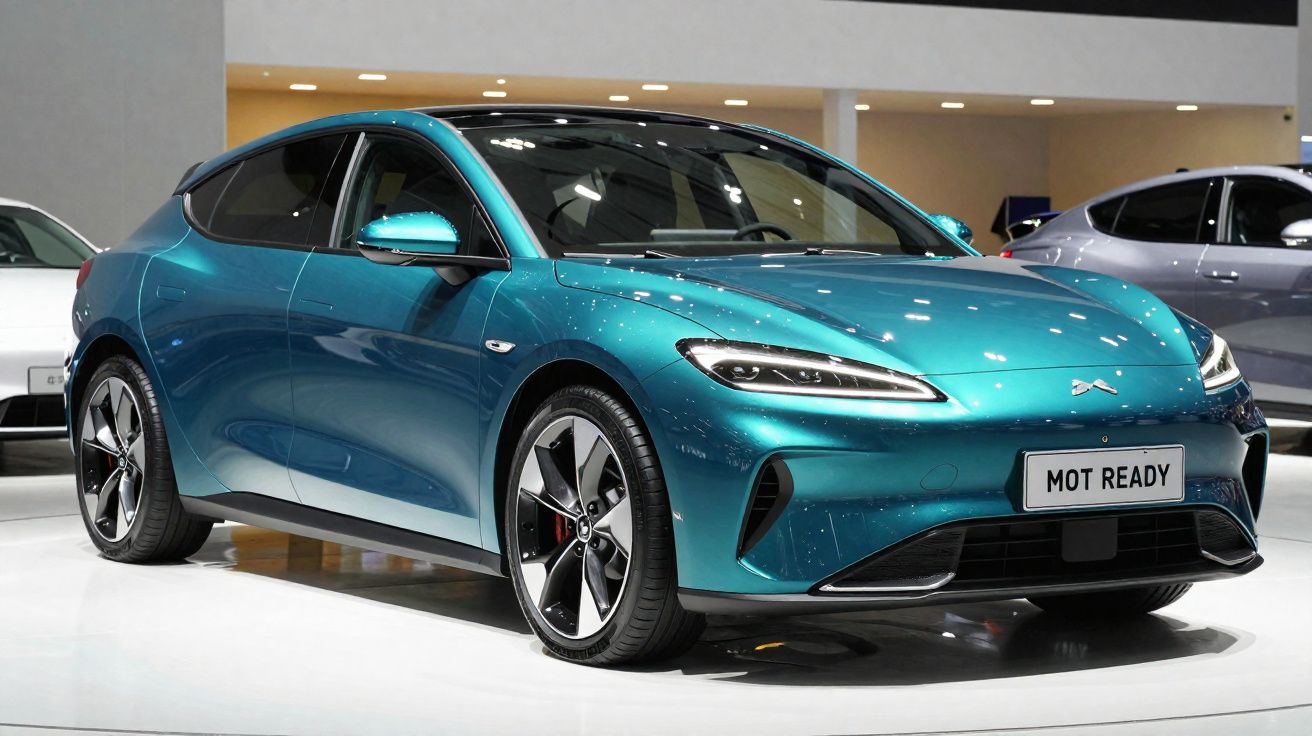 Carro elétrico esportivo azul exibido em exposição automotiva com placa "MOT READY".