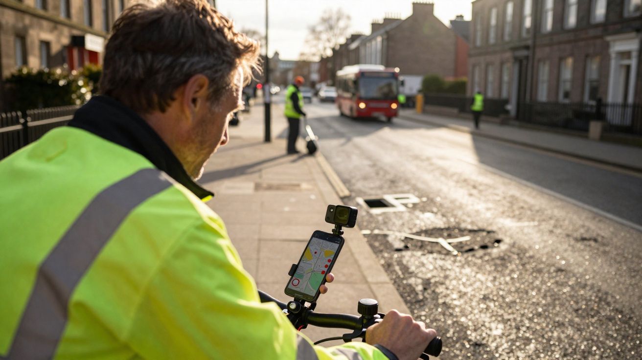 Homem de jaqueta amarela segura bicicleta com GPS na rua ensolarada e duas pessoas ao fundo.