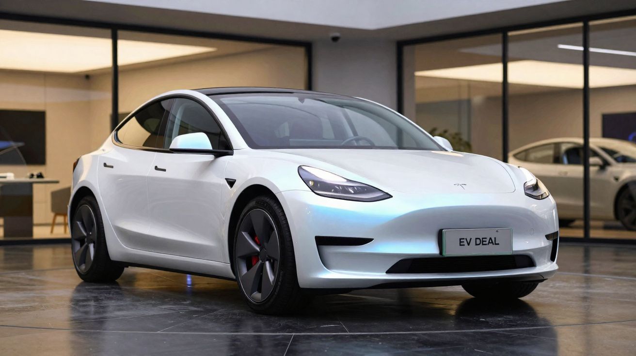 Carro elétrico branco Tesla Model 3 estacionado em showroom moderno com piso preto brilhante.