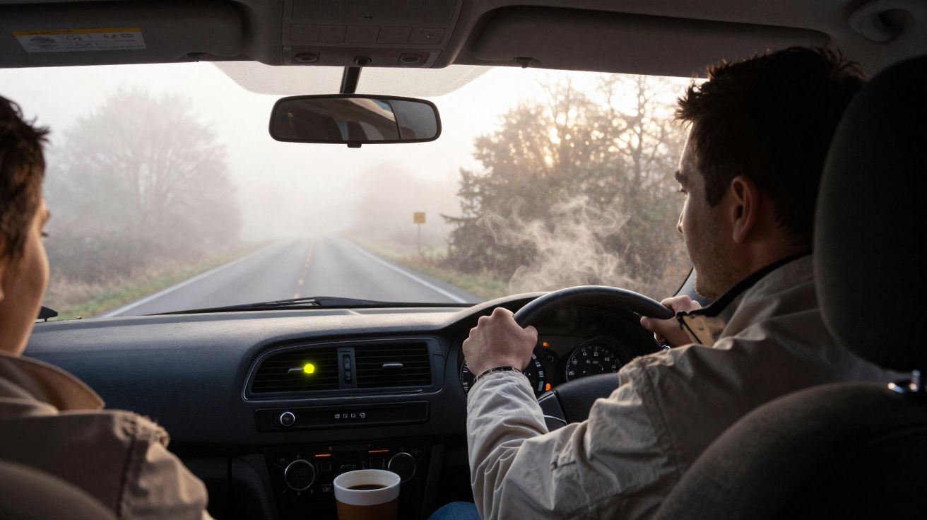 Interior de carro com duas pessoas, uma dirigindo e fumaça saindo de cigarro, estrada nevoenta à frente.