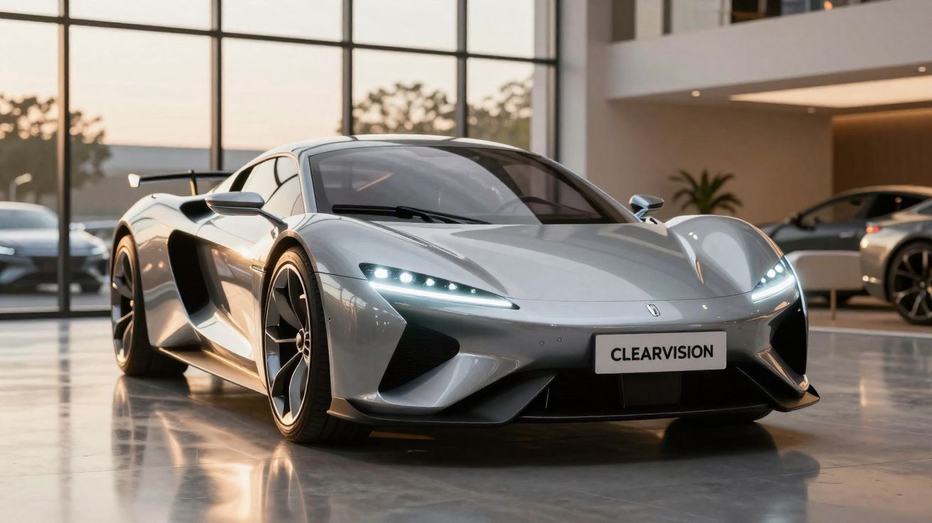 Carro esportivo prata com design aerodinâmico e faróis de LED ligado em showroom moderno.