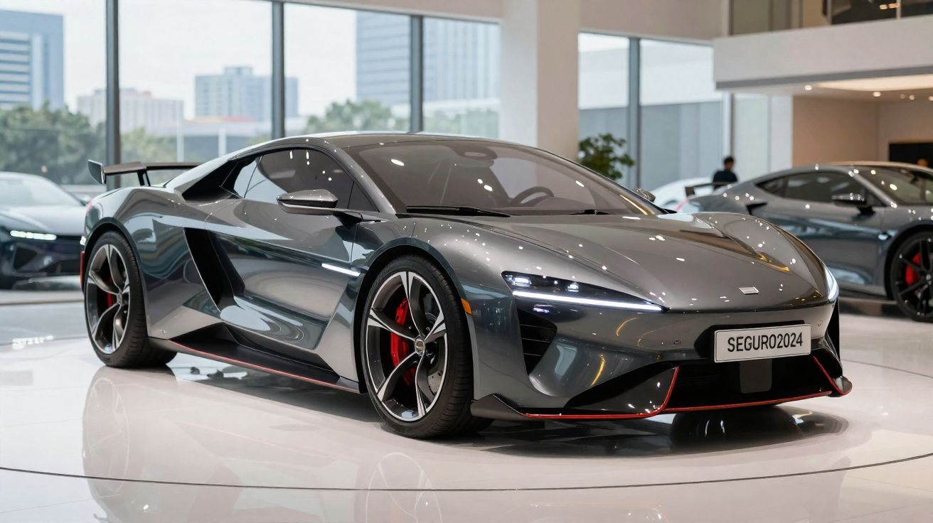 Carro esportivo cinza metálico com detalhes vermelhos exibido em showroom moderno, placa escrita SEGURO2024.