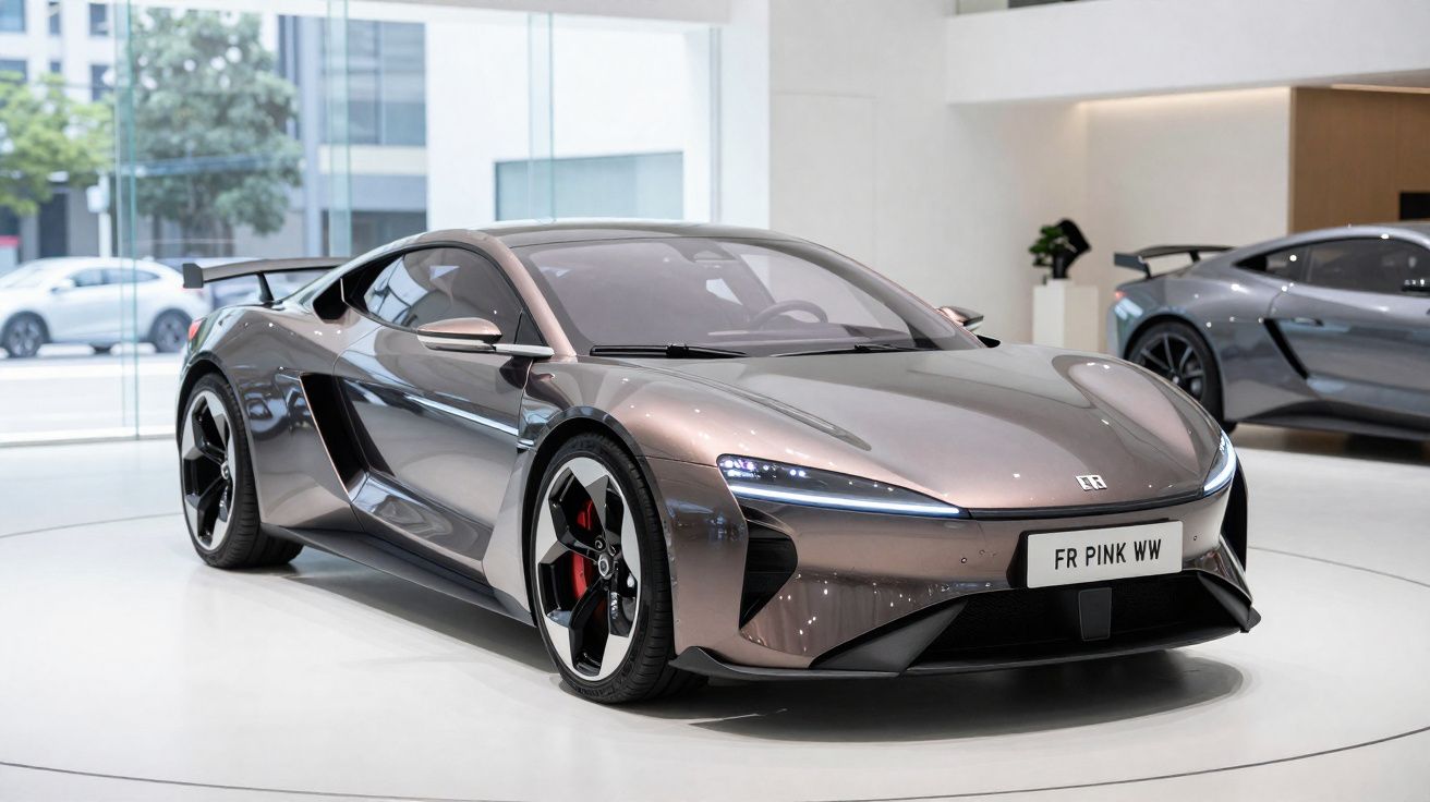 Carro esportivo cinza metálico exibido em showroom moderno com teto transparente e iluminação natural.