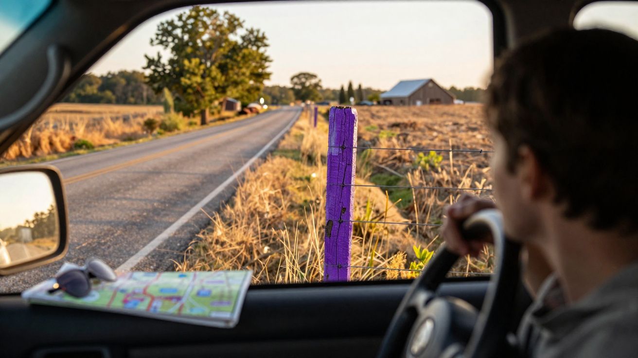 Pessoa dirigindo em estrada rural com cerca e poste roxo, vista do interior do carro ao pôr do sol.