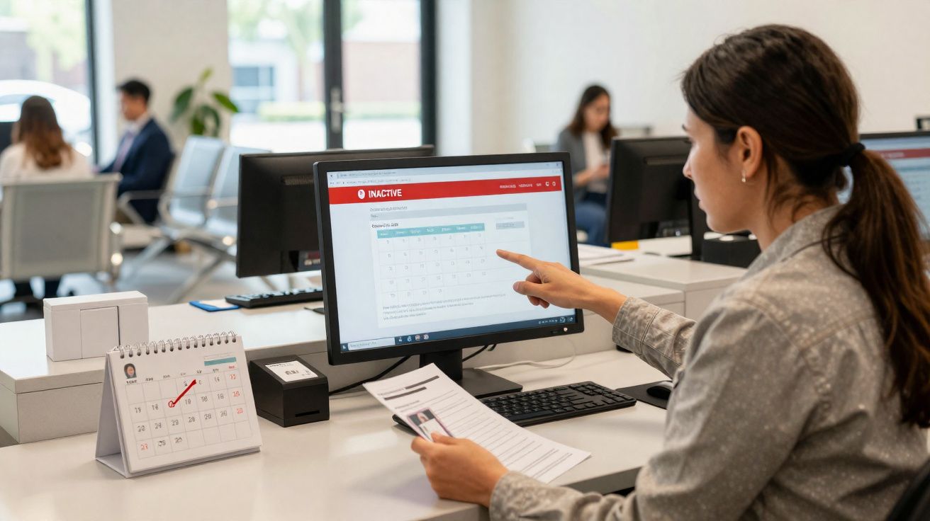 Mulher em escritório usando computador, apontando calendário na tela e segurando documentos.