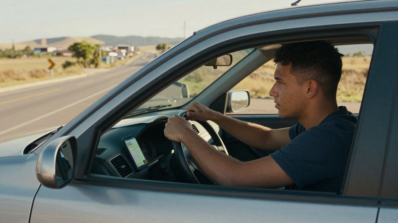 Homem jovem dirigindo um carro cinza na estrada com celular no suporte ao lado do volante.