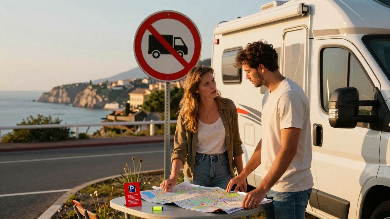 Casal consulta mapa na mesa perto de motorhome com placa de proibido para caminhões ao fundo, vista costeira.