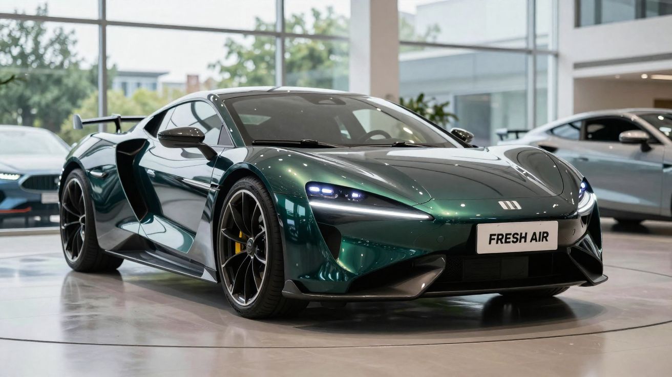 Carro esportivo verde escuro com design moderno e faróis acesos em exposição interna.