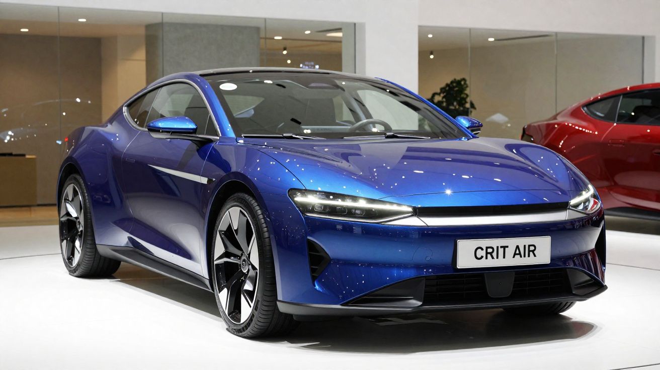 Carro esportivo elétrico azul exibido em um salão de automóveis moderno.