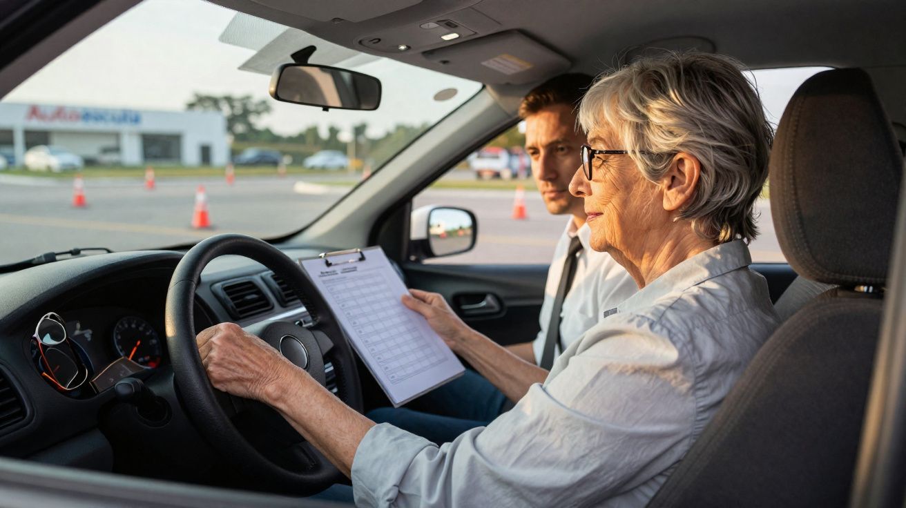 Mulher idosa realiza aula prática de direção com instrutor, ambos dentro de um carro parado.