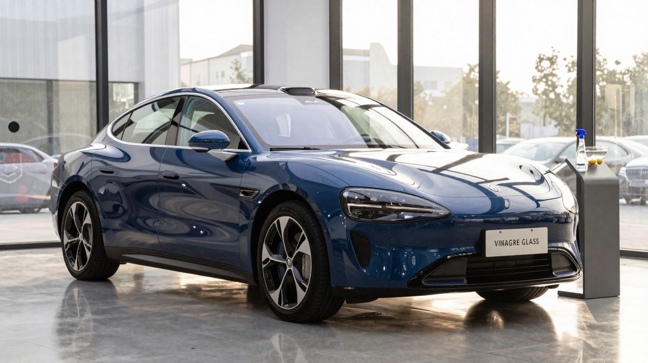 Carro elétrico azul estacionado em showroom com piso de concreto e paredes de vidro.