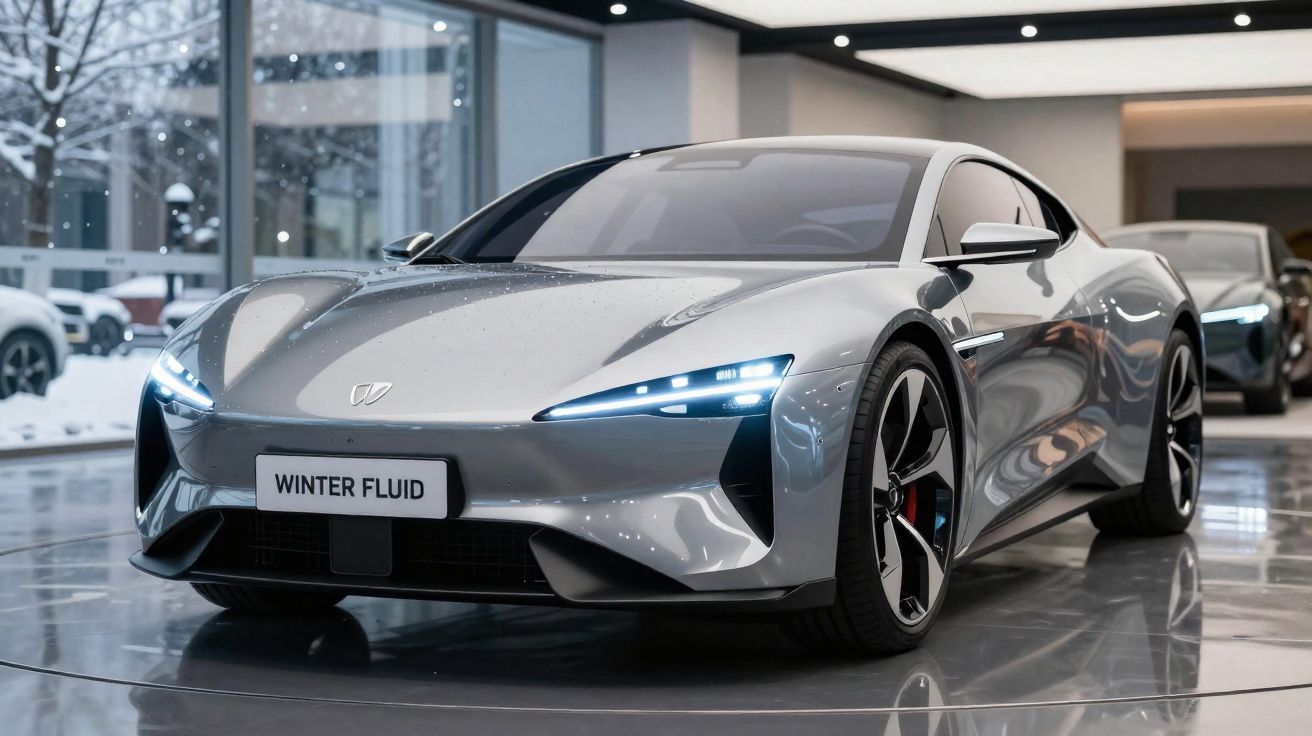 Carro esportivo elétrico cinza com faróis LED, nome Winter Fluid, em ambiente interno moderno.