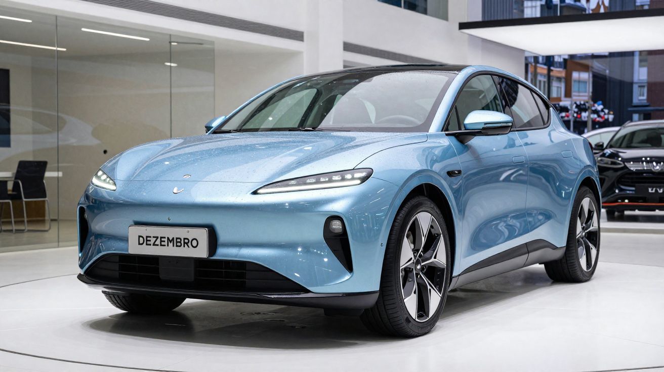 Carro elétrico azul claro exposto em showroom moderno com placa "Dezembro".