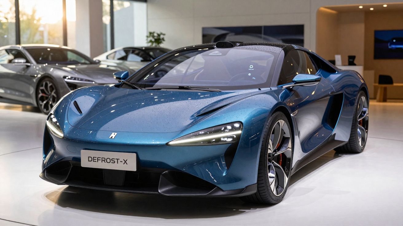 Carro esportivo azul metálico modelo DEFROST-X, em showroom moderno com outros veículos ao fundo.
