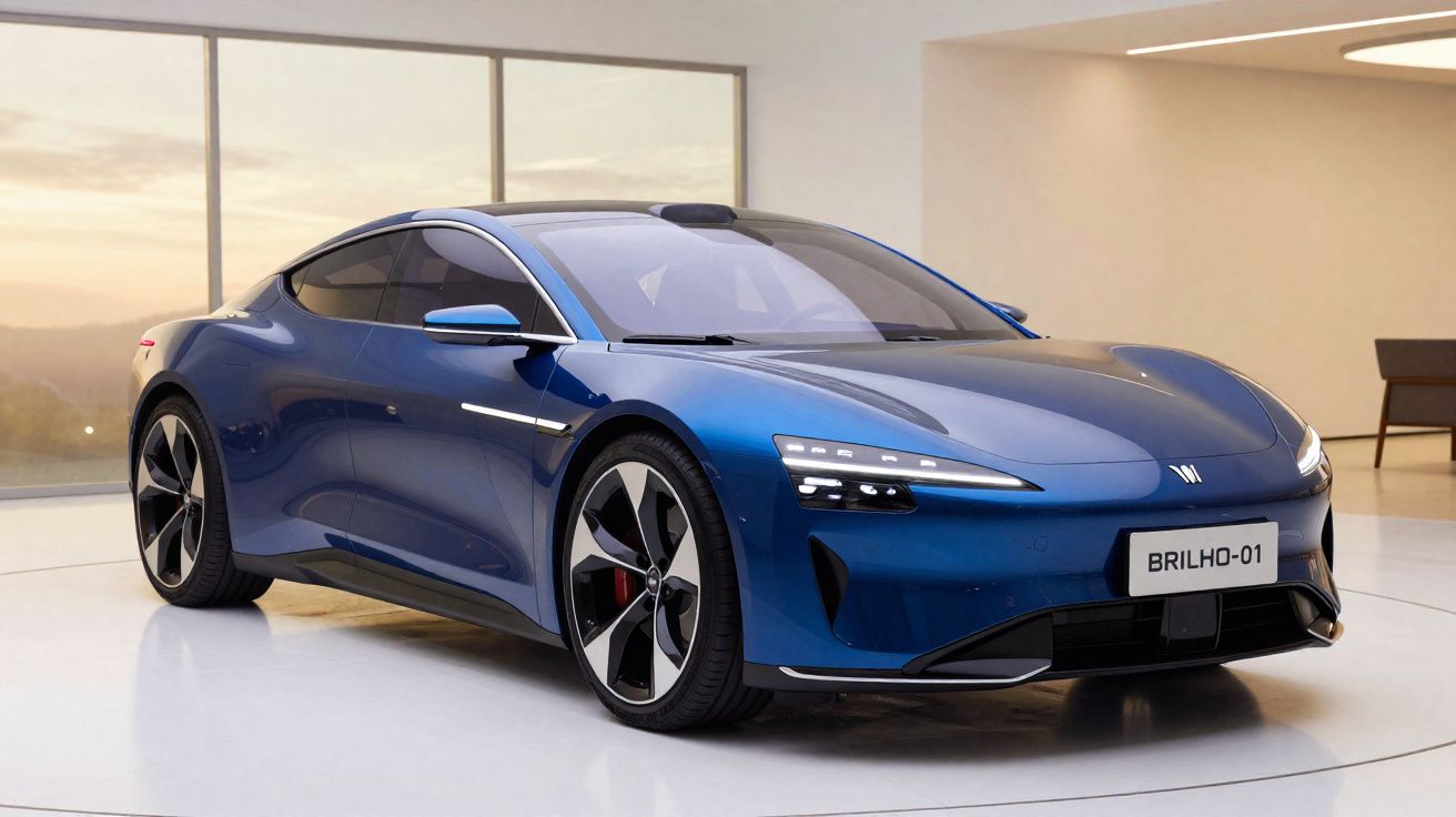 Carro elétrico azul Brilho-01 exibido em ambiente interno com janelas amplas ao fundo.