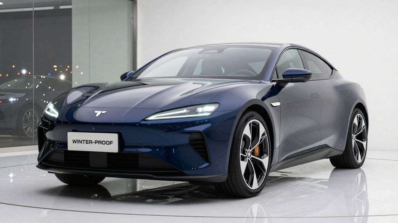 Carro elétrico esportivo azul escuro em ambiente interno com piso branco refletivo e parede cinza.