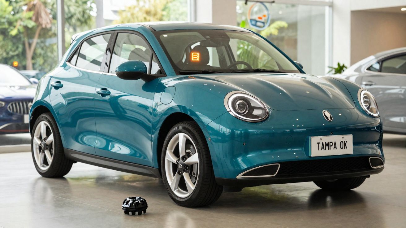 Carro compacto azul metálico elétrico estacionado em showroom com tampa de carga no chão à frente.