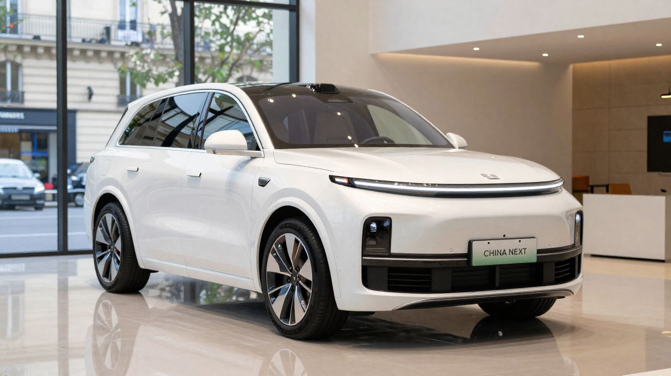 SUV elétrico branco exposto em showroom moderno com grandes janelas e piso brilhante.