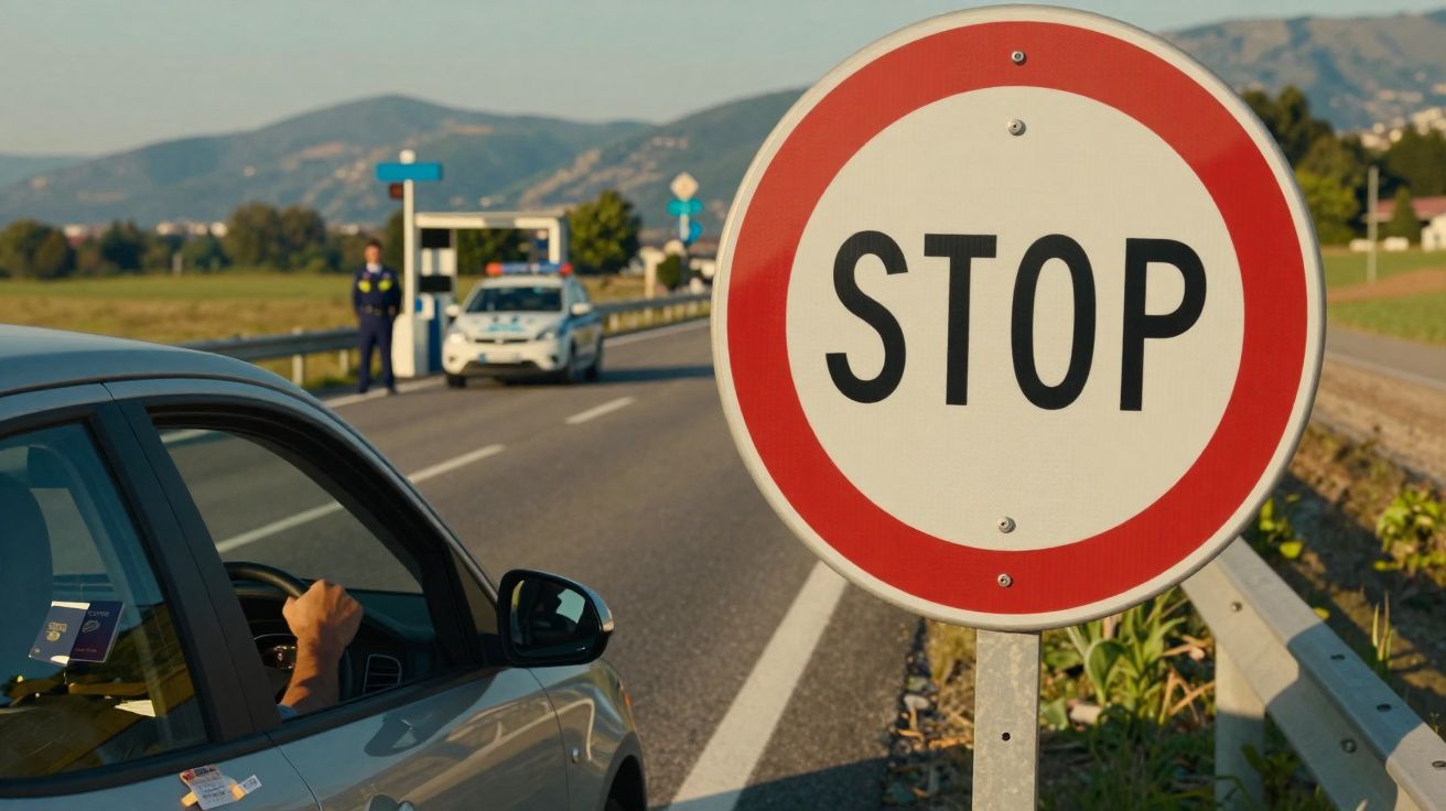 Placa de sinalização de pare em estrada rural com carro parado e policiais ao fundo.