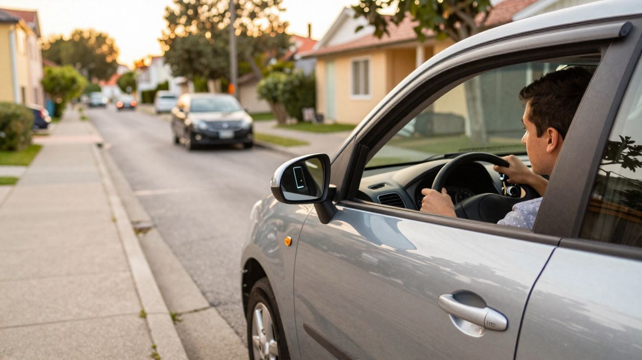 Homem dirigindo carro prata em rua residencial com casas e calçadas ao entardecer.