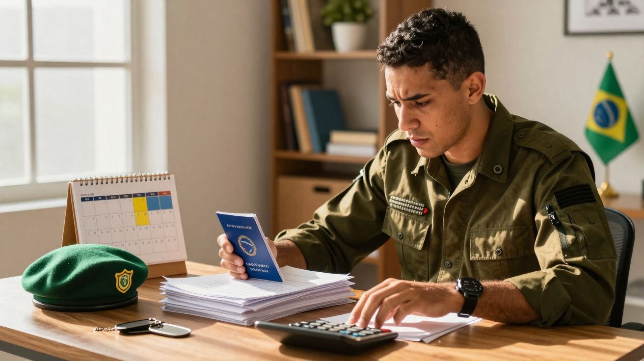 Homem em uniforme militar brasileiro calcula documentos em mesa com calendário e a bandeira do Brasil ao fundo.