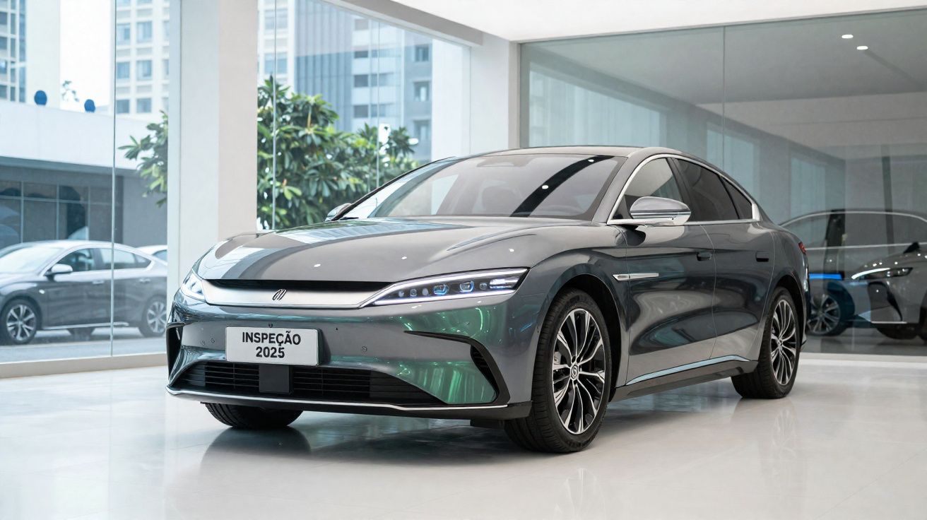 Carro cinza moderno estacionado em showroom com placas indicando "Inspeção 2025".