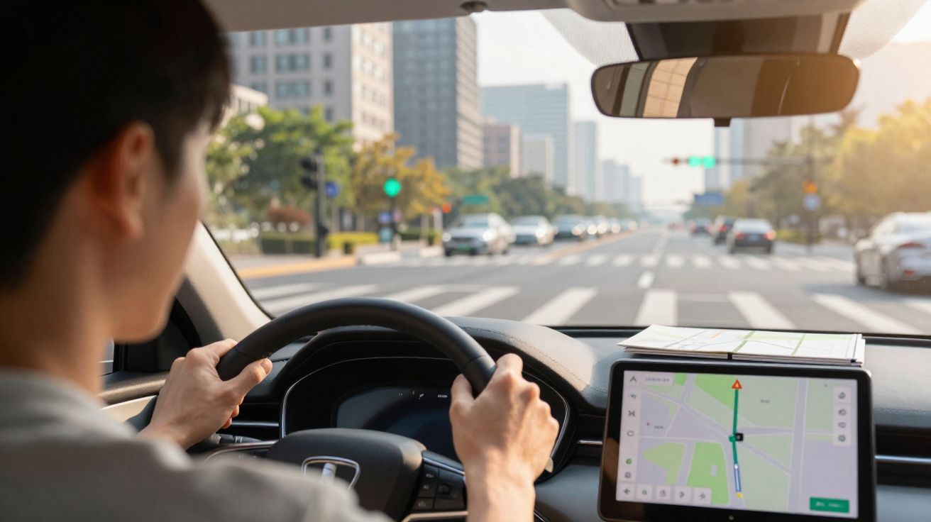 Motorista segurando volante de carro com GPS exibindo rota em tela digital, em estrada urbana com trânsito.