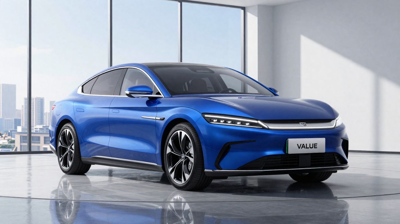 Carro elétrico azul moderno estacionado em ambiente interno com grandes janelas e vista urbana ao fundo.