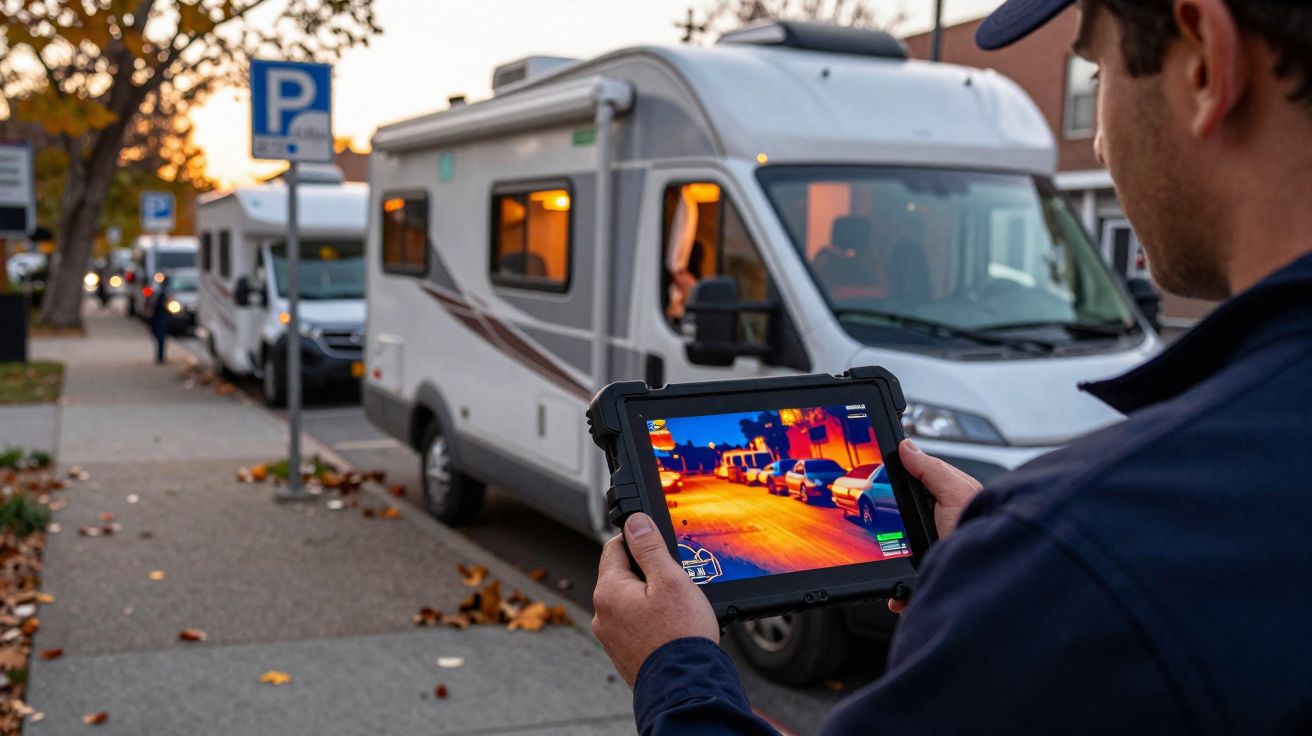 Pessoa segurando tablet com câmera térmica para monitorar van estacionada em rua ao entardecer.
