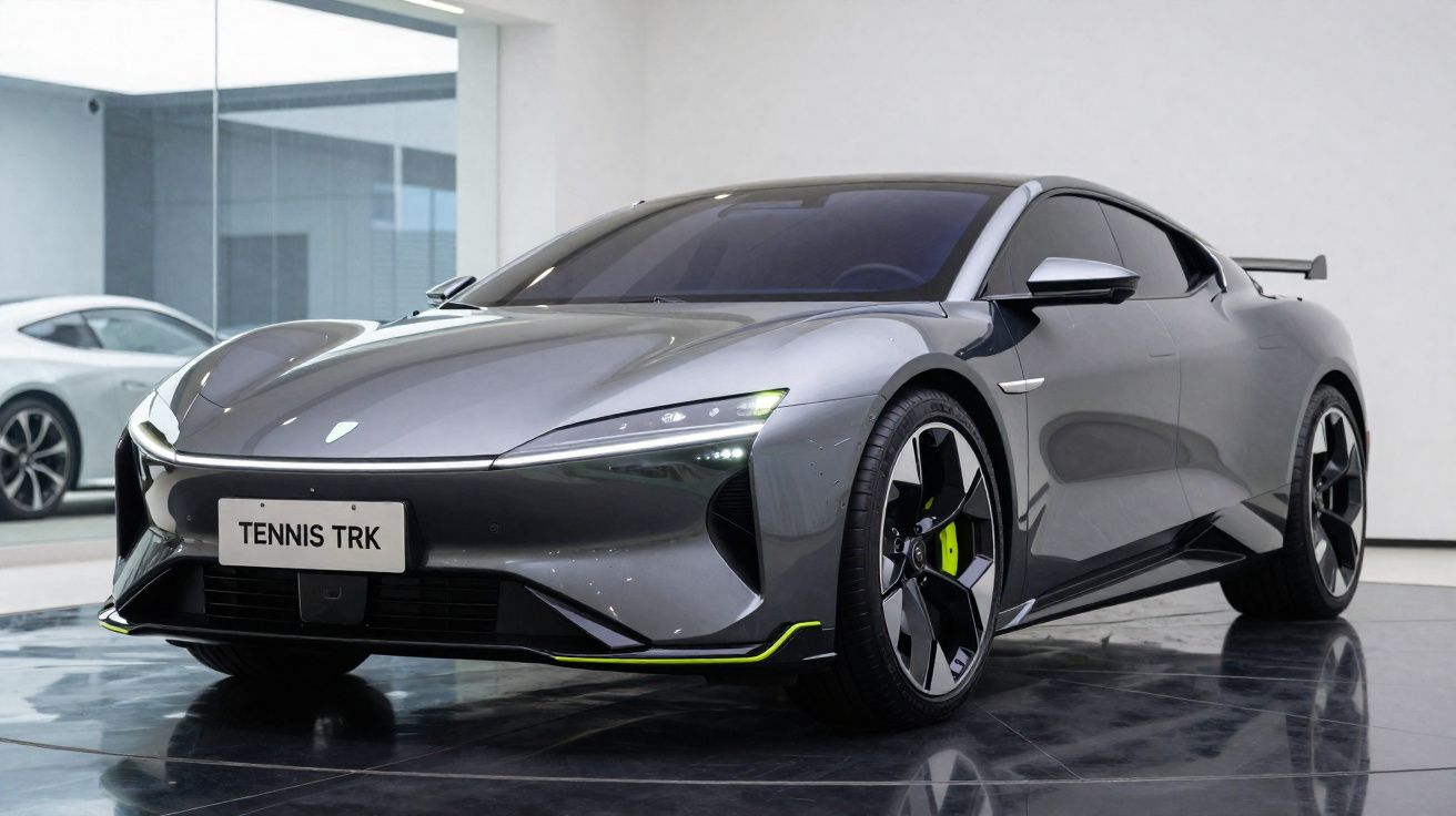 Carro esportivo cinza com design futurista estacionado em ambiente interno moderno.