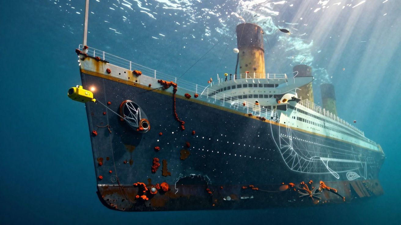 Navio afundado no fundo do mar com pequenas criaturas e veículo subaquático amarelo próximo à proa.