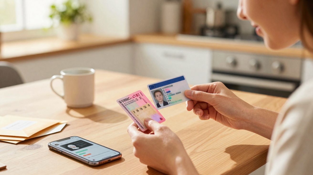Pessoa segurando carteira de motorista e documento de identificação ao lado de celular numa mesa de madeira.