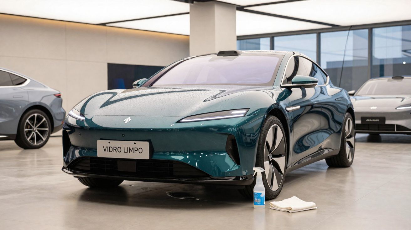 Carro elétrico azul com design moderno em showroom, ao lado de frasco de vidro limpo e pano branco no chão.