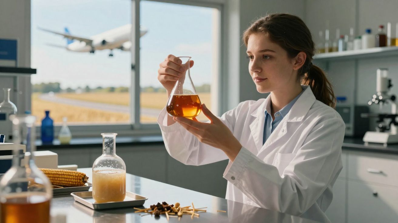 Mulher cientista em jaleco analisa líquido âmbar em laboratório com janela mostrando avião ao fundo.