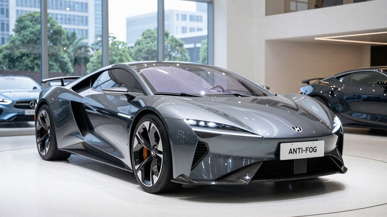 Carro esportivo cinza prateado em exposição interna com vidro de prédios ao fundo e placa frontal "ANTI-FOG"