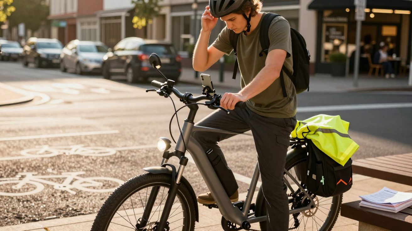Jovem com capacete ajustando-o enquanto está em bicicleta elétrica estacionada na calçada da cidade.