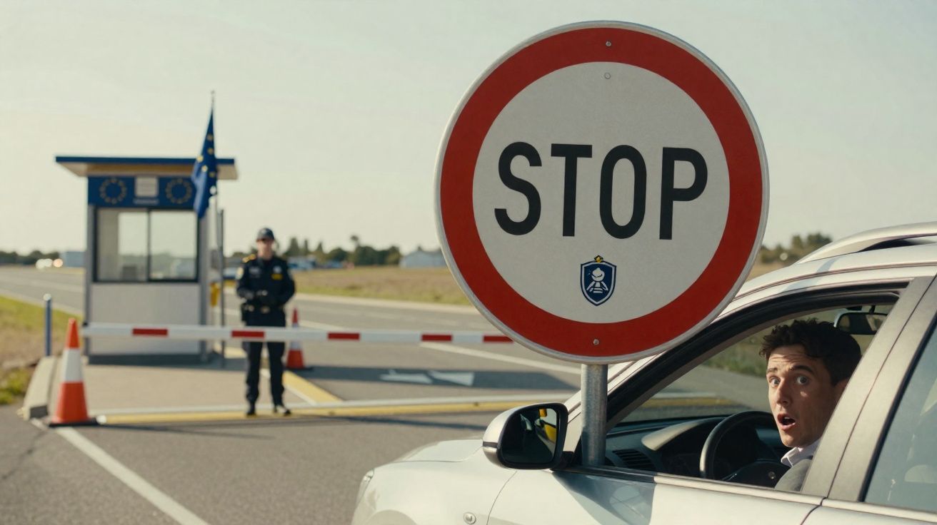 Homem em carro branco com expressão surpresa em ponto de controle policial com placa de pare e guarda na estrada.