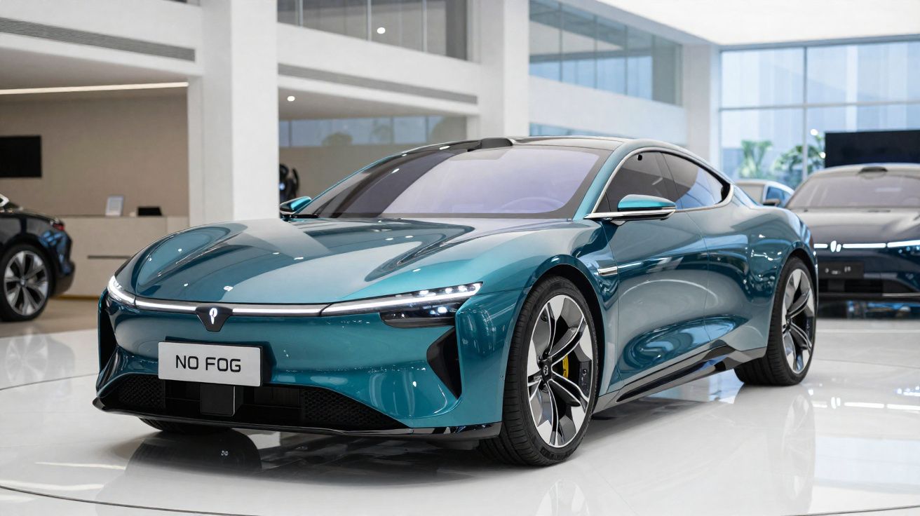 Carro elétrico esportivo azul brilhante em showroom moderno com design aerodinâmico futurista.