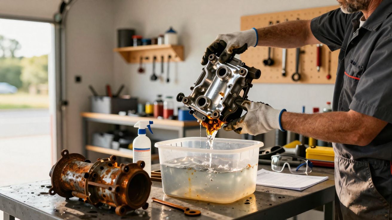 Pessoa derramando óleo velho de peça metálica para limpar em uma bacia plástica em oficina.