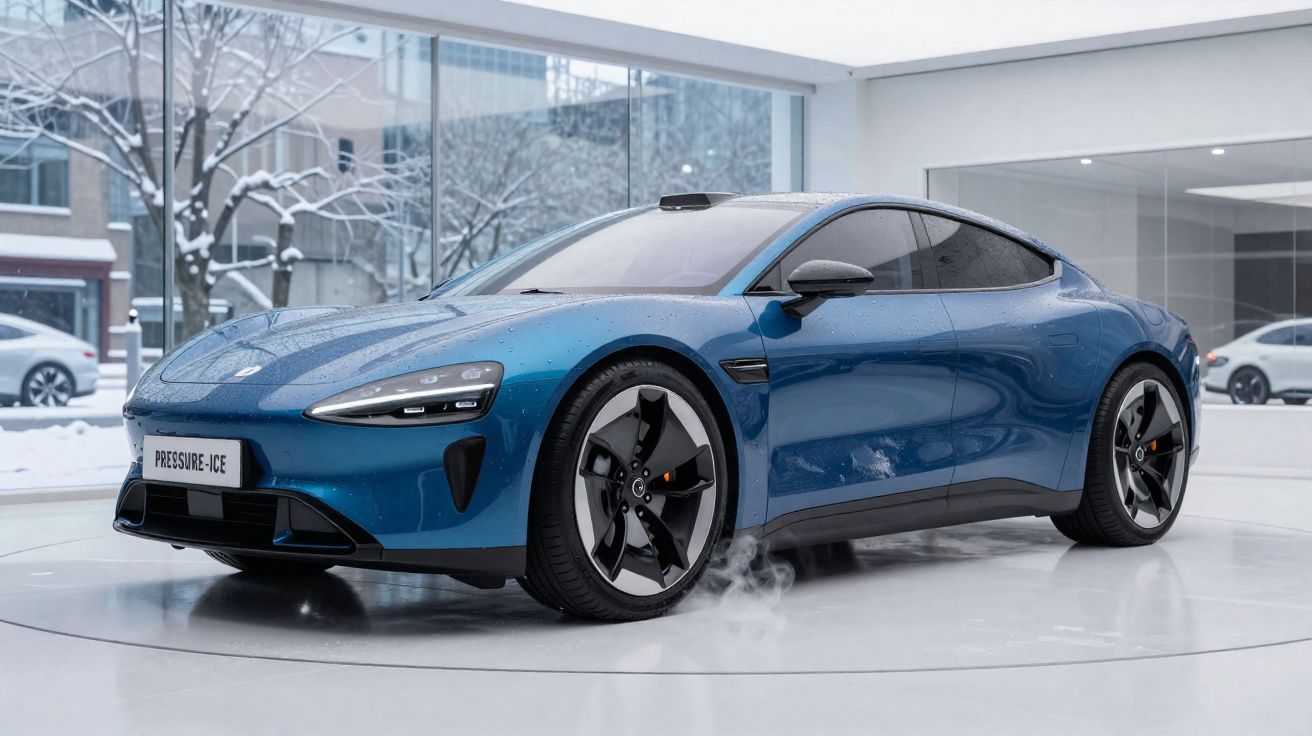 Carro esportivo azul elétrico em exposição interna com fundo de janelas e neve externa.