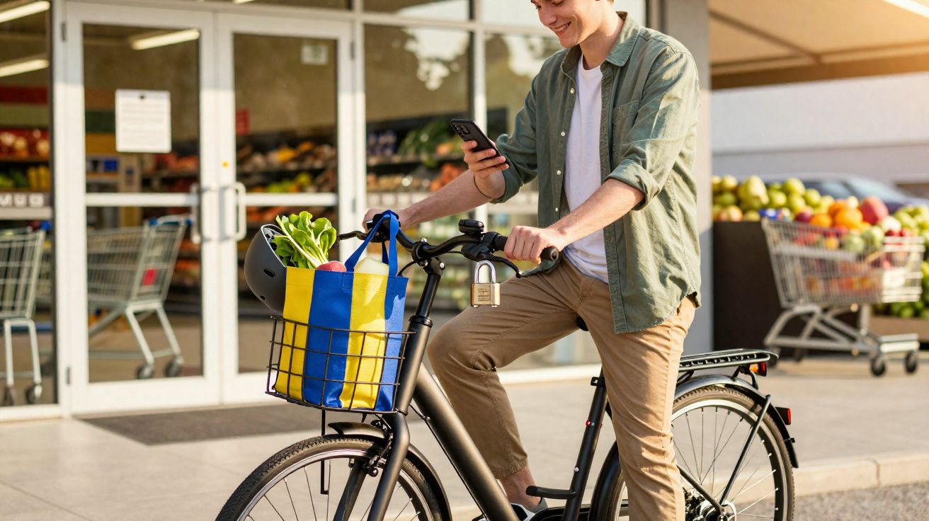 Homem sorridente com bicicleta e sacola de compras em mercado, usando celular.