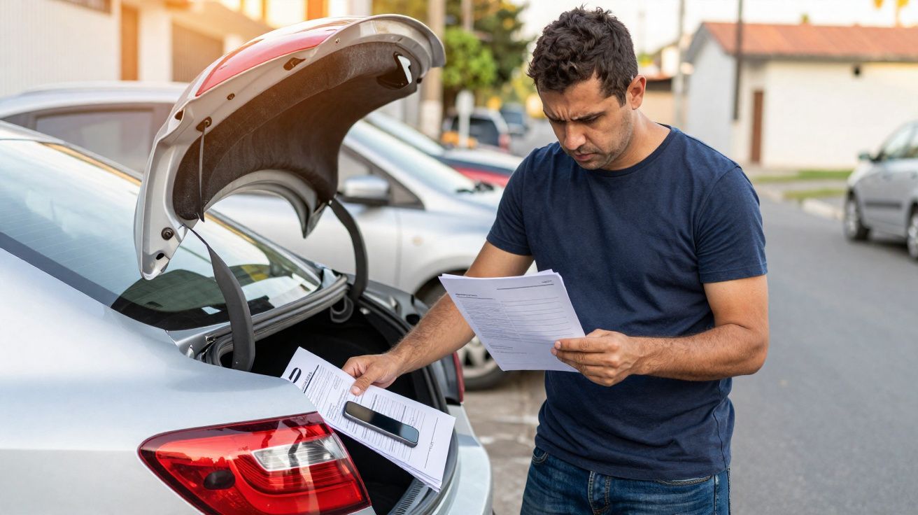 Homem lendo documentos ao lado do porta-malas aberto de um carro estacionado na rua.