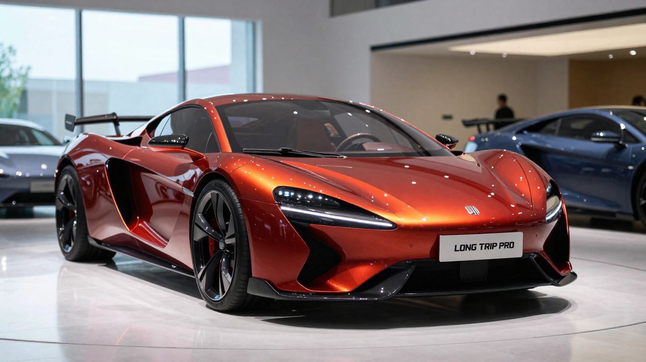 Carro esportivo vermelho metálico em exposição, modelo Long Trip Pro, com design aerodinâmico e rodas pretas.