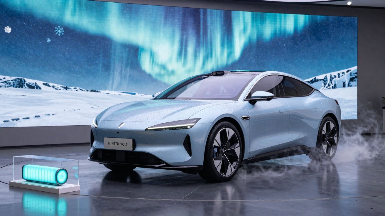 Carro elétrico cinza prata em exposição interna com logo Winter Volt e fundo de paisagem com aurora boreal.