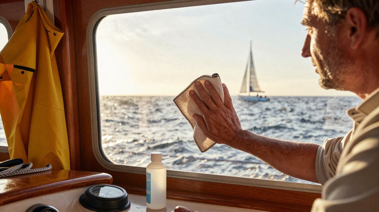 Homem limpando a janela de um barco com pano, vista para o mar e veleiro ao fundo no pôr do sol.