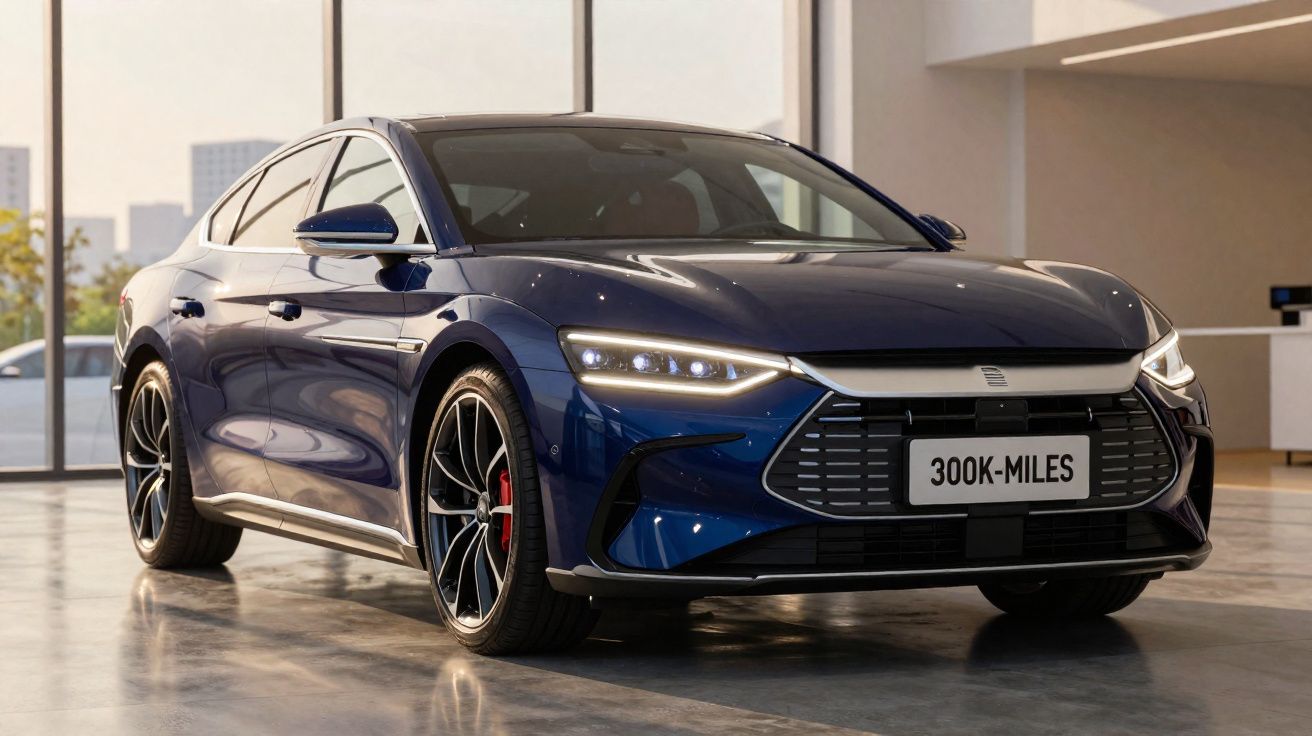 Carro sedã azul moderno em showroom com faróis ligados e placa personalizada 300K-MILES.