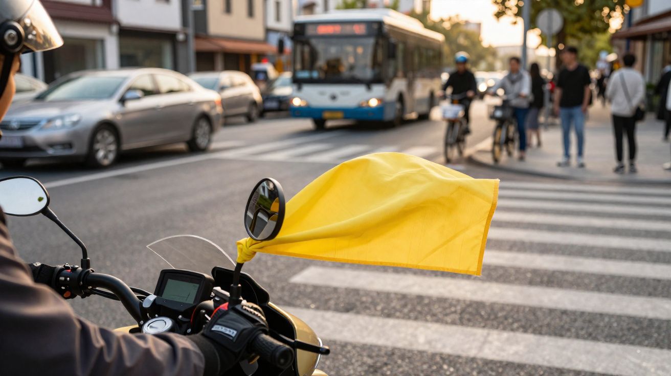 Motociclista com luva preta e lenço amarelo no espelho, em rua com pedestres, carros e ônibus ao fundo.