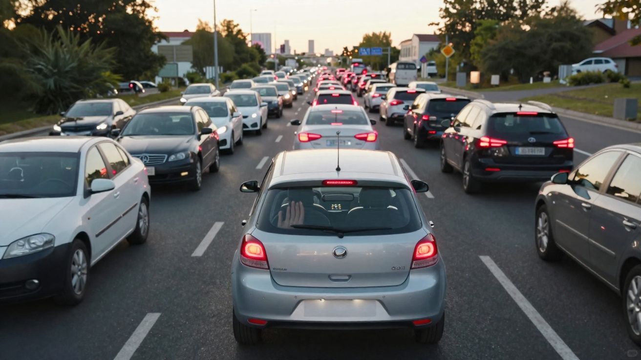 Trânsito intenso com carros parados em várias faixas em avenida urbana ao entardecer.