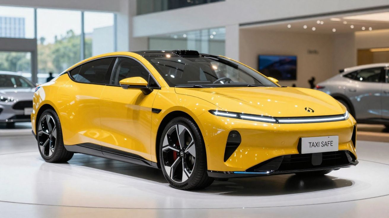 Carro elétrico esportivo amarelo modelo Taxi Safe em exposição interna com design moderno e aerodinâmico.