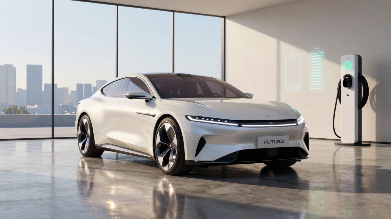 Carro elétrico branco moderno estacionado em garagem com estação de carregamento ao fundo.